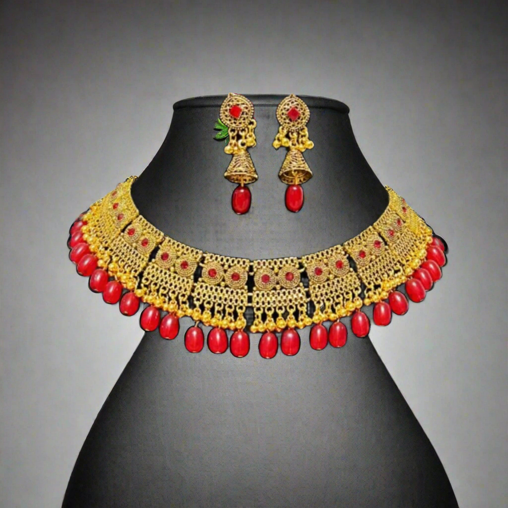 Traditional Red and Gold Necklace with Matching Earrings
