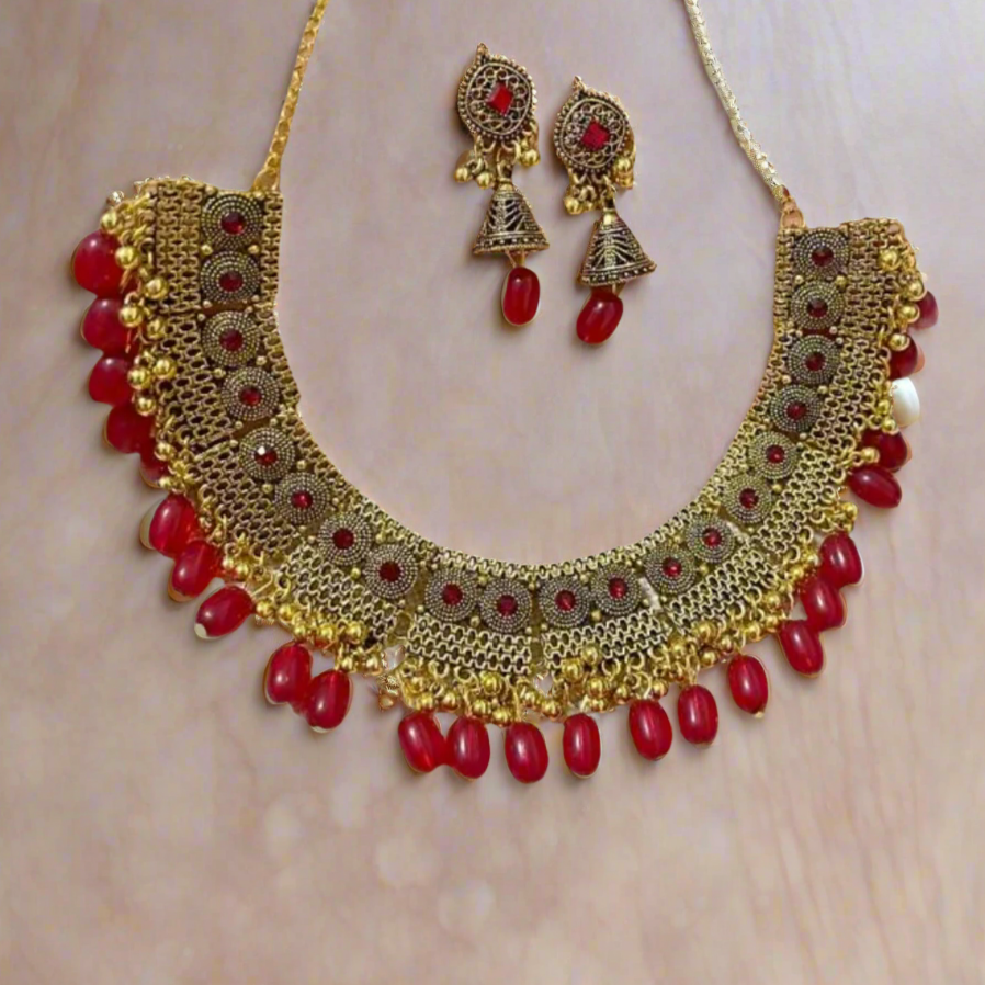 Traditional Red and Gold Necklace with Matching Earrings